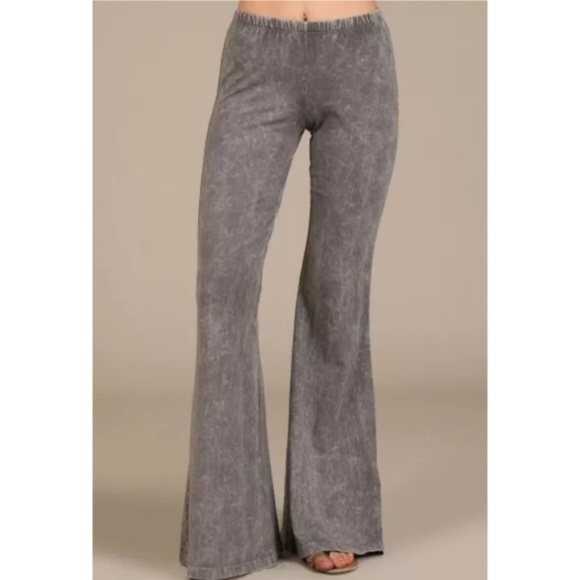 Taupe Gray Boho Mineral Wash Flared Stretch Pants - Picture 2 of 6